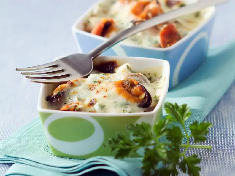 Auflauf mit Meeresfrüchten und Gorgonzola