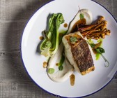 Gebratener Kabaljau mit Blumenkohlpüree, Enoki und Paksoi