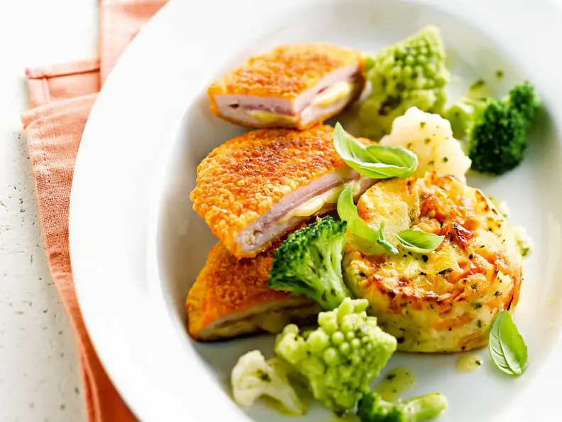 Schweine-Cordon-Bleu mit Gratin und Gemüsebeilage